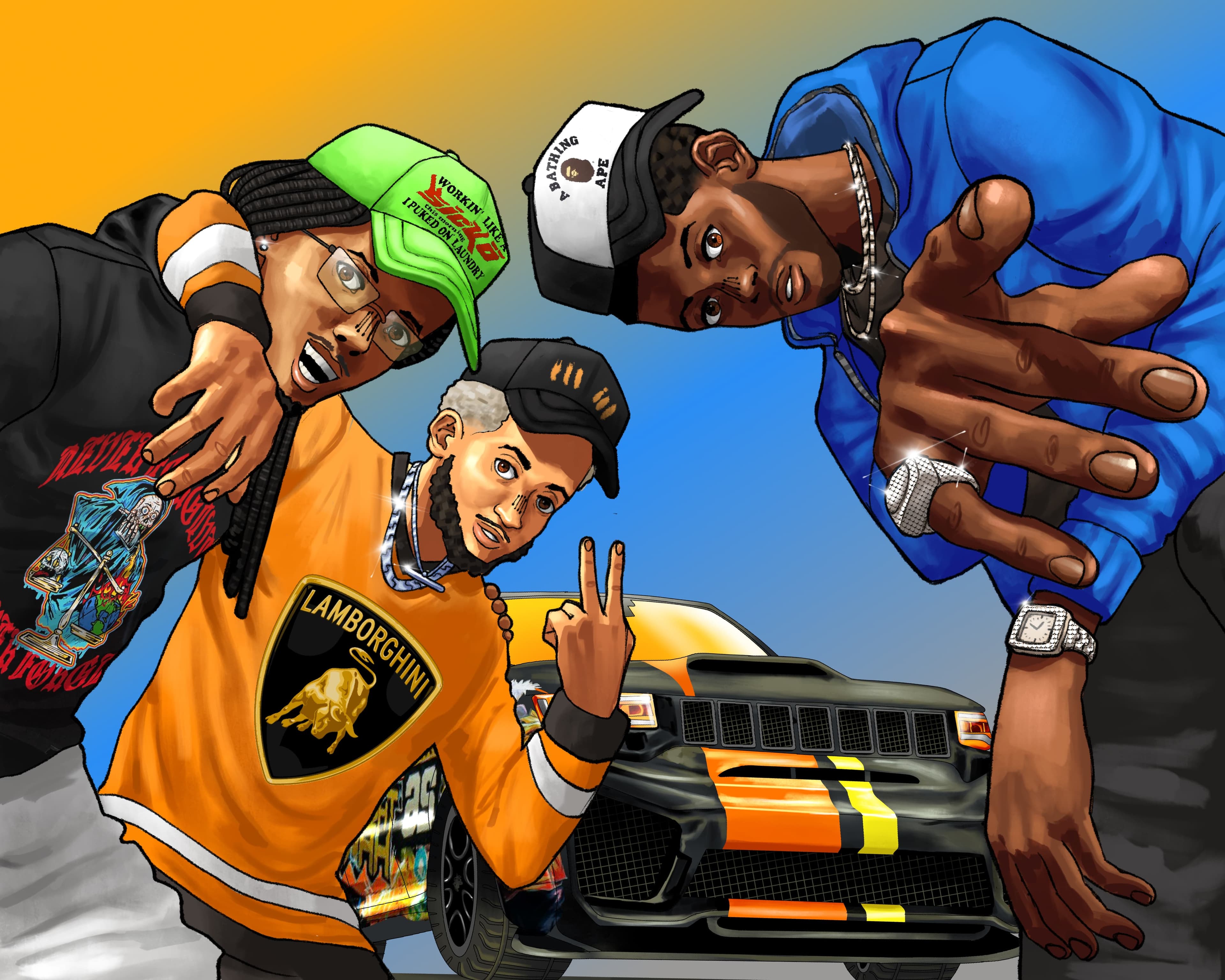 illustration of travis porter and car over gradient background