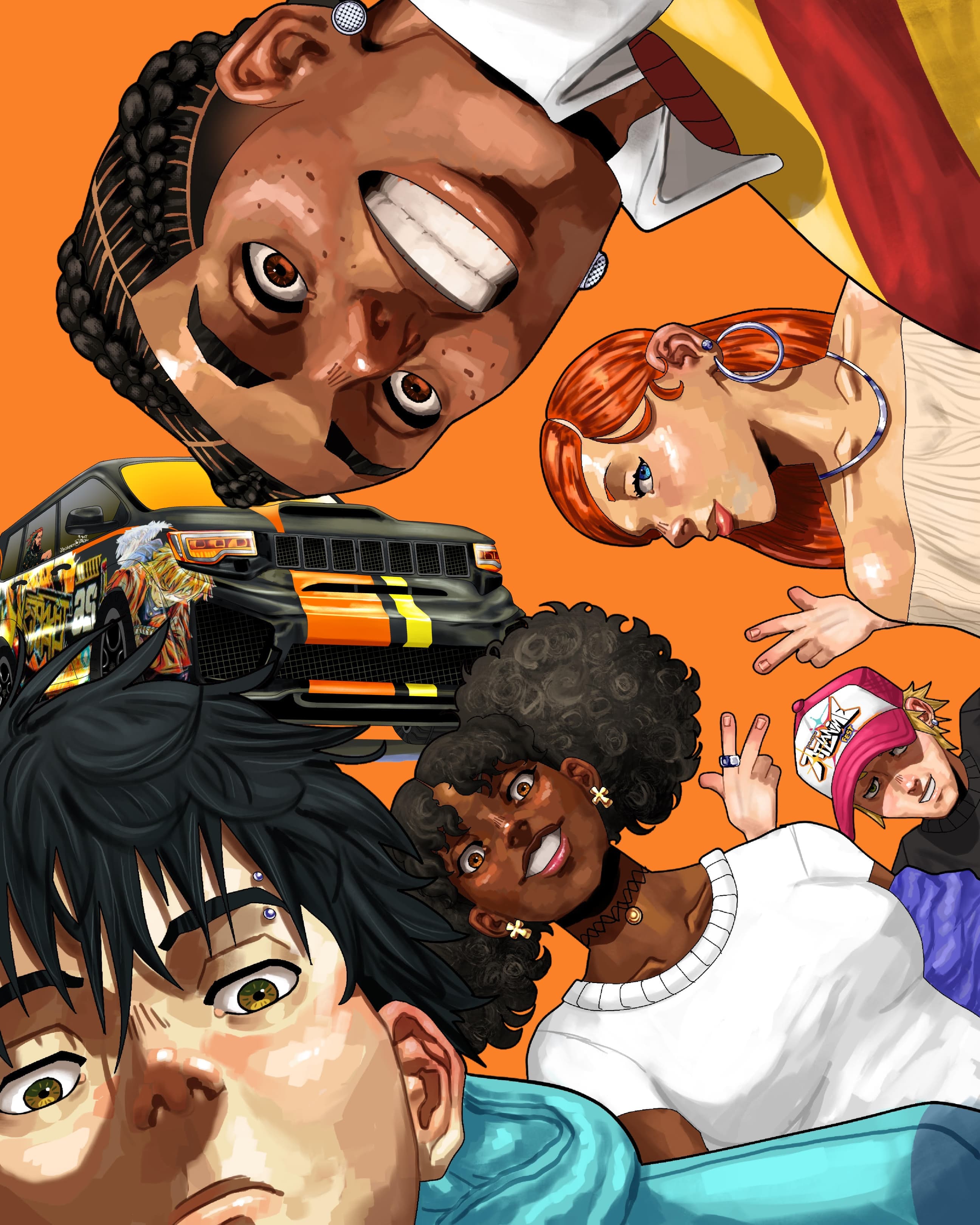 Illustration of Atlanimefest characters with car over orange background